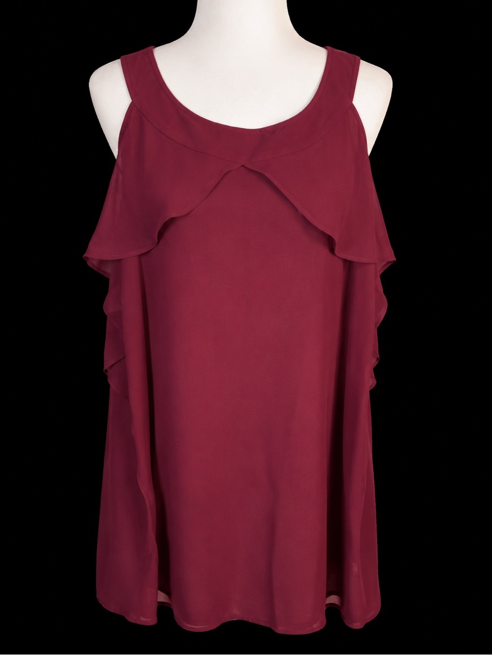 London Times Woman 3X Burgundy Sleeveless Ruffle‎ Blouse Tunic NWT